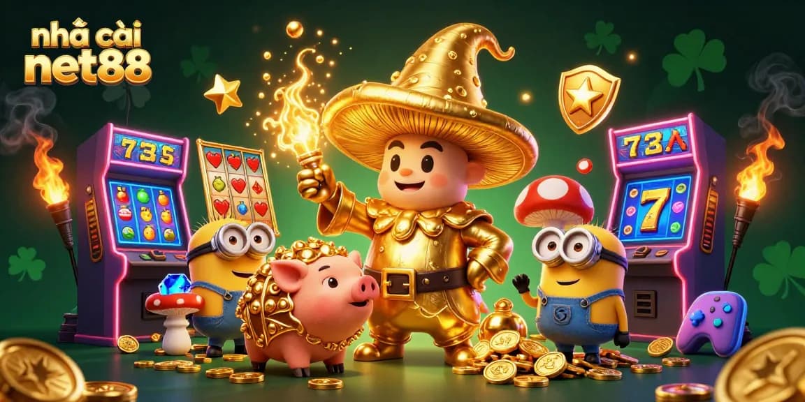 Engage with nhà cái net88's vibrant casino world featuring a golden mushroom wizard and treasure-hunting pig.