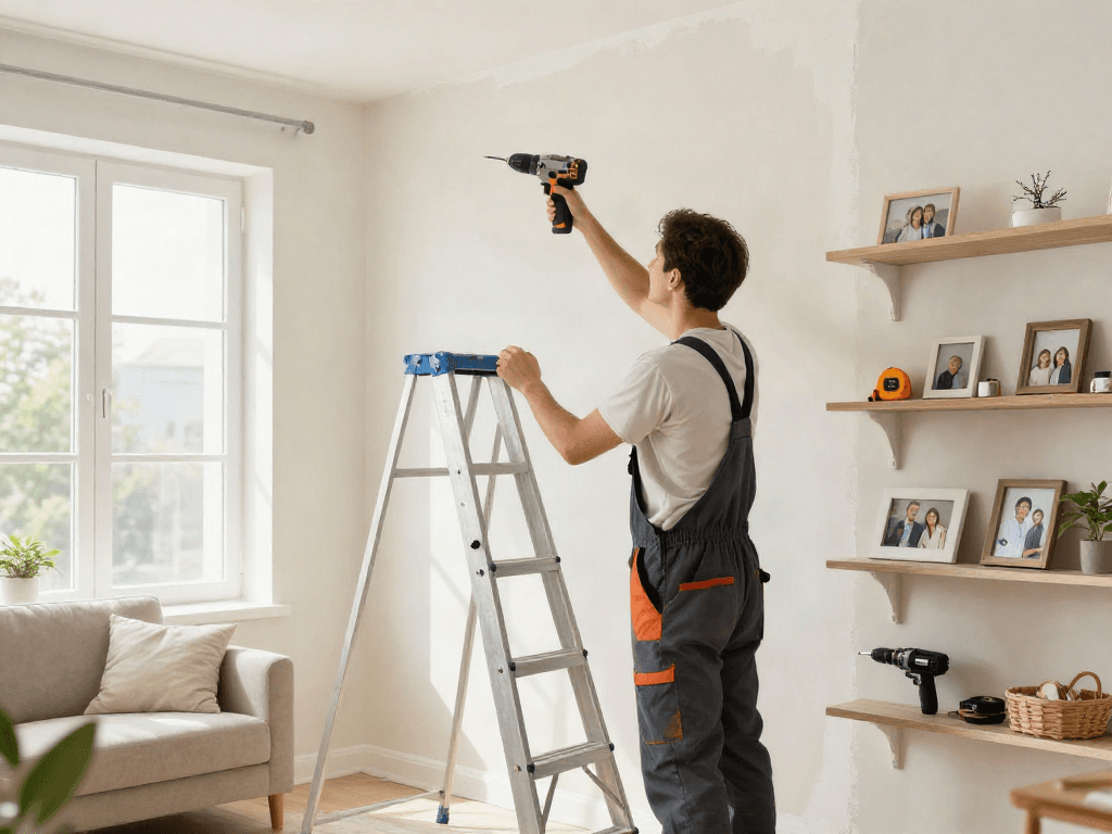 Home repair services Des Moines Iowa showing contractor repairing drywall with tools in a sunny living room.