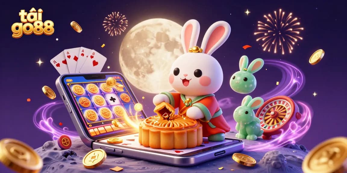 Experience casino fun with tải go88 as a moon rabbit celebrates with poker chips and a slot game in a vibrant 3D scene.