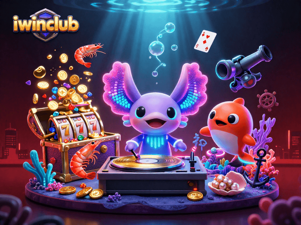 Experience an upbeat iwinclub casino scene with vibrant underwater characters and dynamic slot elements.