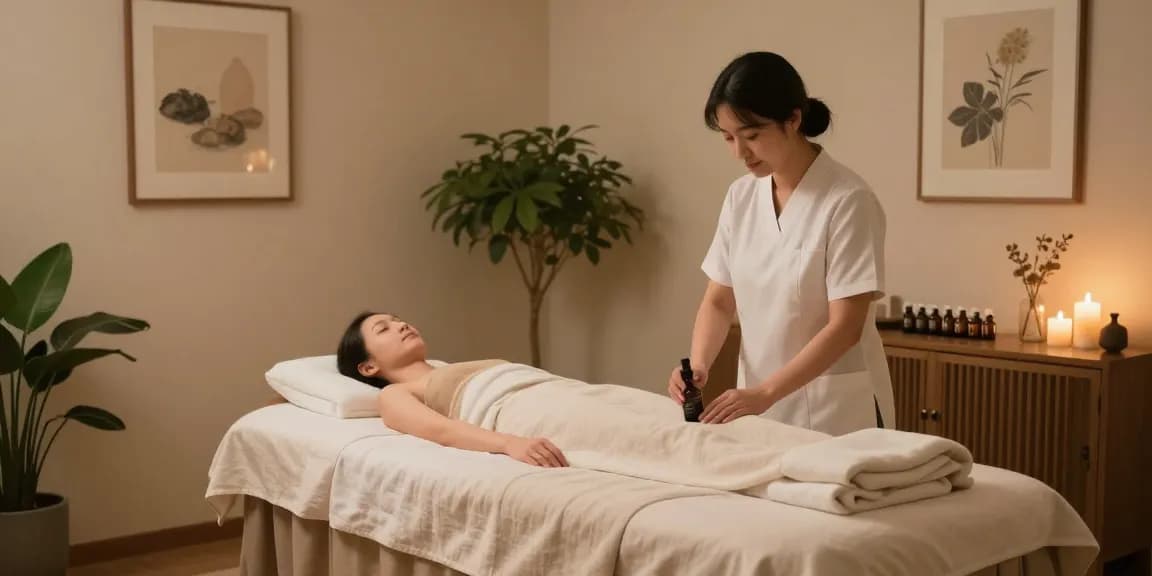 Relaxing 용산출장마사지 atmosphere with serene spa details and therapist preparing oils.