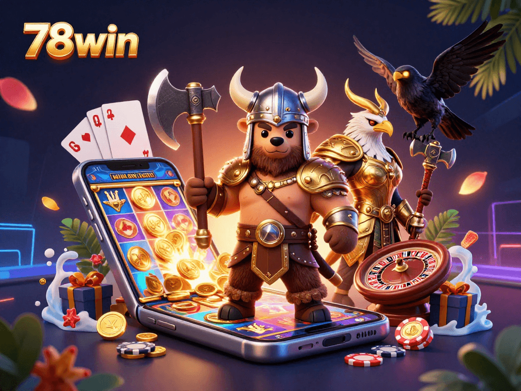 Experience thrilling gameplay at 78win with a vibrant 3D illustration of casino excitement.