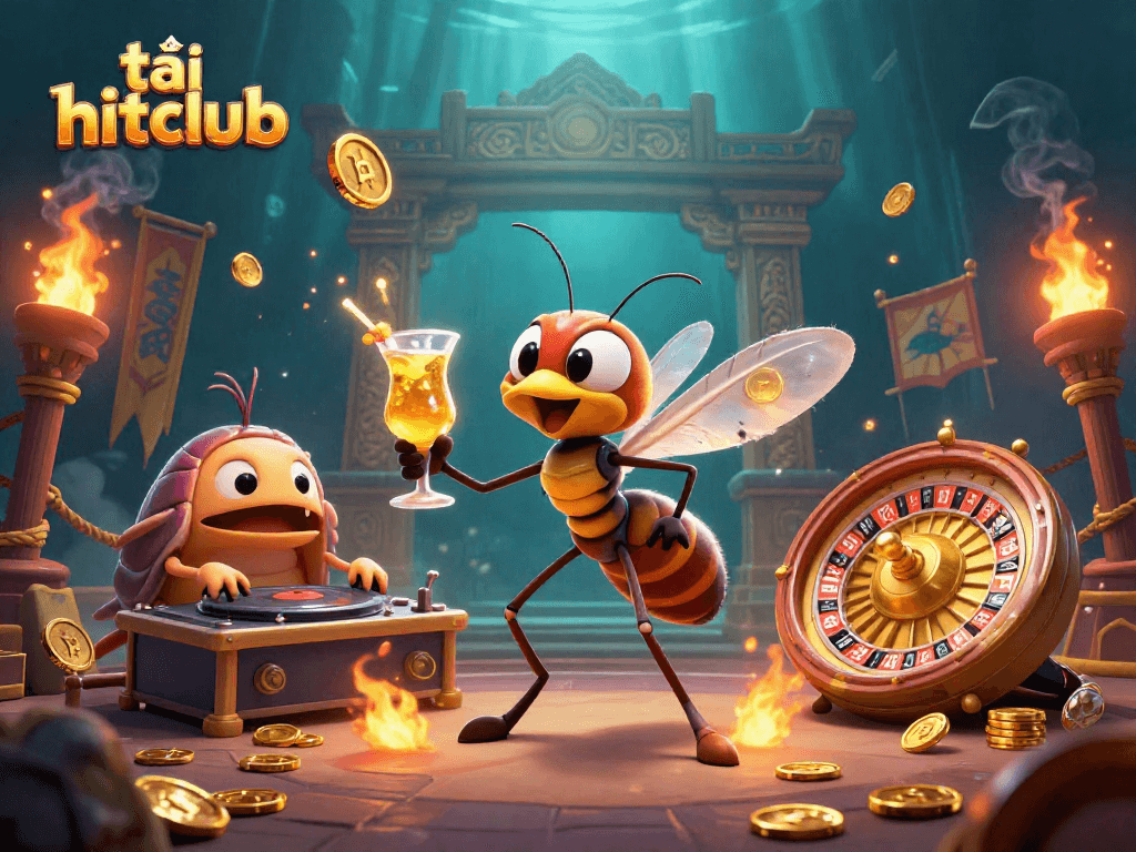 Join the fun with tải hitclub at this vibrant 3D casino scene featuring unique characters and dynamic gaming elements.