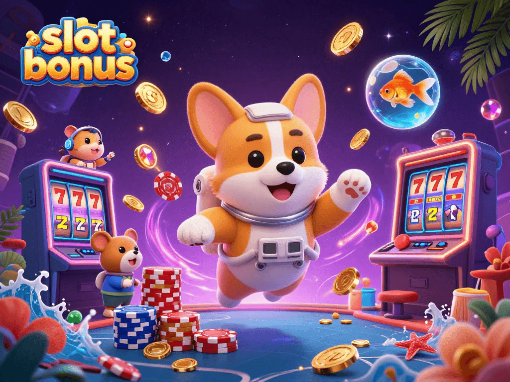 Experience thrilling slot bonus action with a corgi astronaut, casino chips, and sparkling gems!