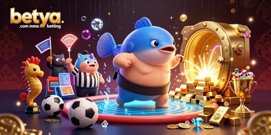 Experience the excitement of betya.com MMA betting with a cartoon fugu in an underwater ring surrounded by treasures.