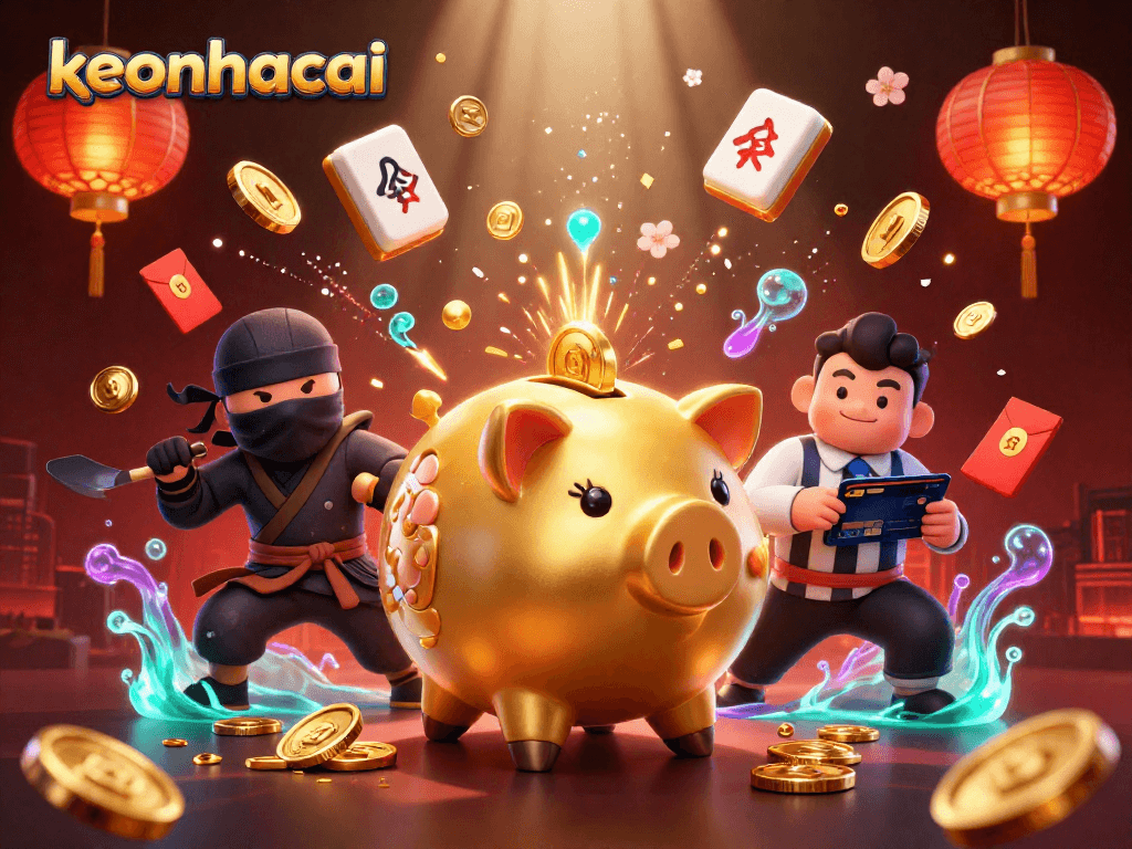 Engage in the excitement of keonhacai with a dynamic scene featuring a golden piggy bank sumo wrestler.