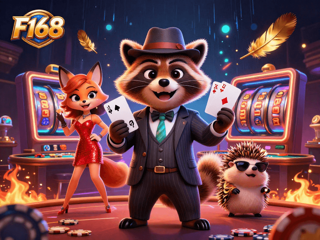 Experience the thrill of winning at F168 with a raccoon holding a royal flush in a vibrant casino setting.