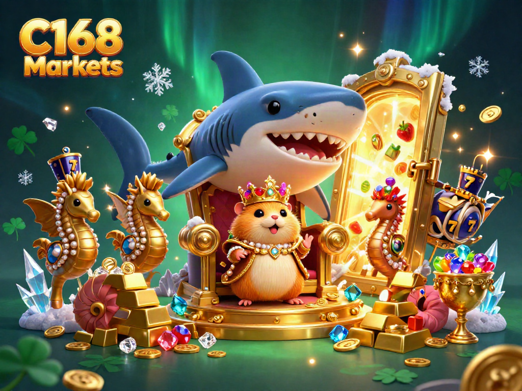 C168 Markets offers vibrant 3D casino art featuring a hamster king amidst dynamic slot elements.