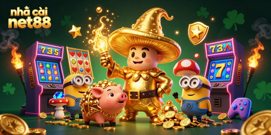 Engage with nhà cái net88's vibrant casino world featuring a golden mushroom wizard and treasure-hunting pig.
