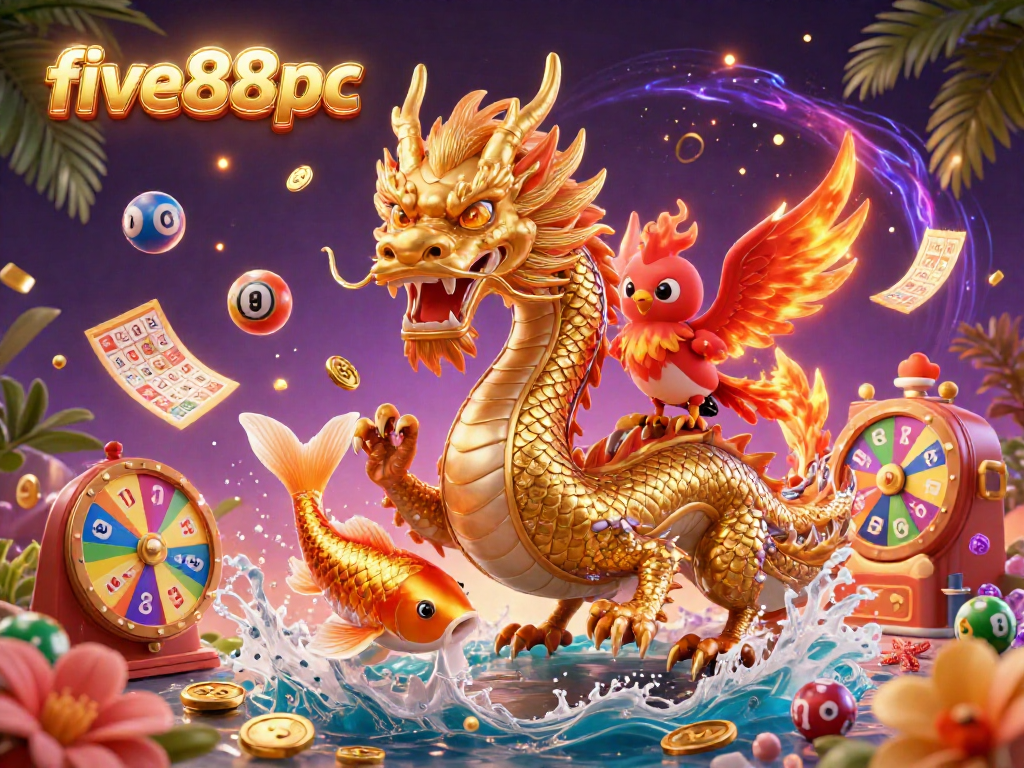 Engage with five88pc, featuring a fierce golden dragon and a cute phoenix amidst a vibrant casino scene with lottery elements