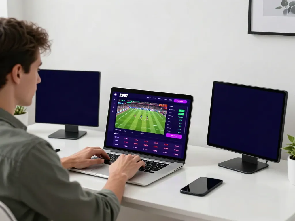 ZBET online betting platform displayed on a laptop with a user engaged in sports betting.