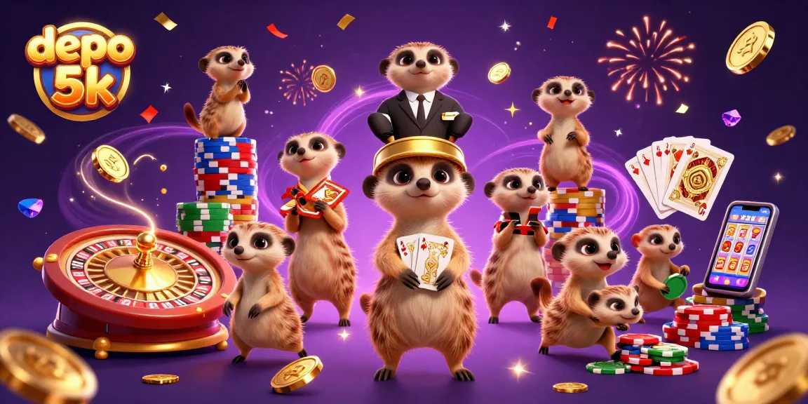 Engage with depo 5k in a vibrant 3D casino scene filled with exuberant meerkats and lavish game elements.
