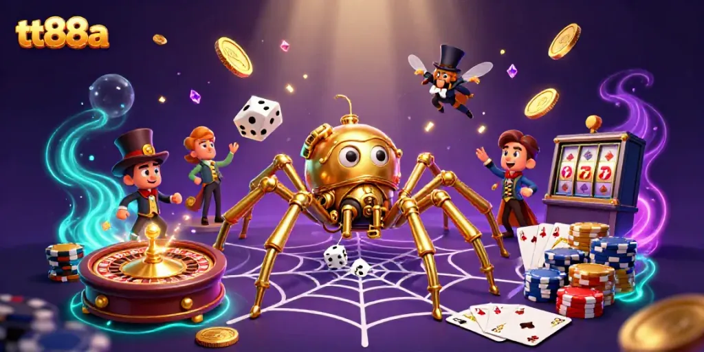 Engage with luck at tt88a, featuring a steampunk spider webbing golden chains and sparkling gems among playful dice.