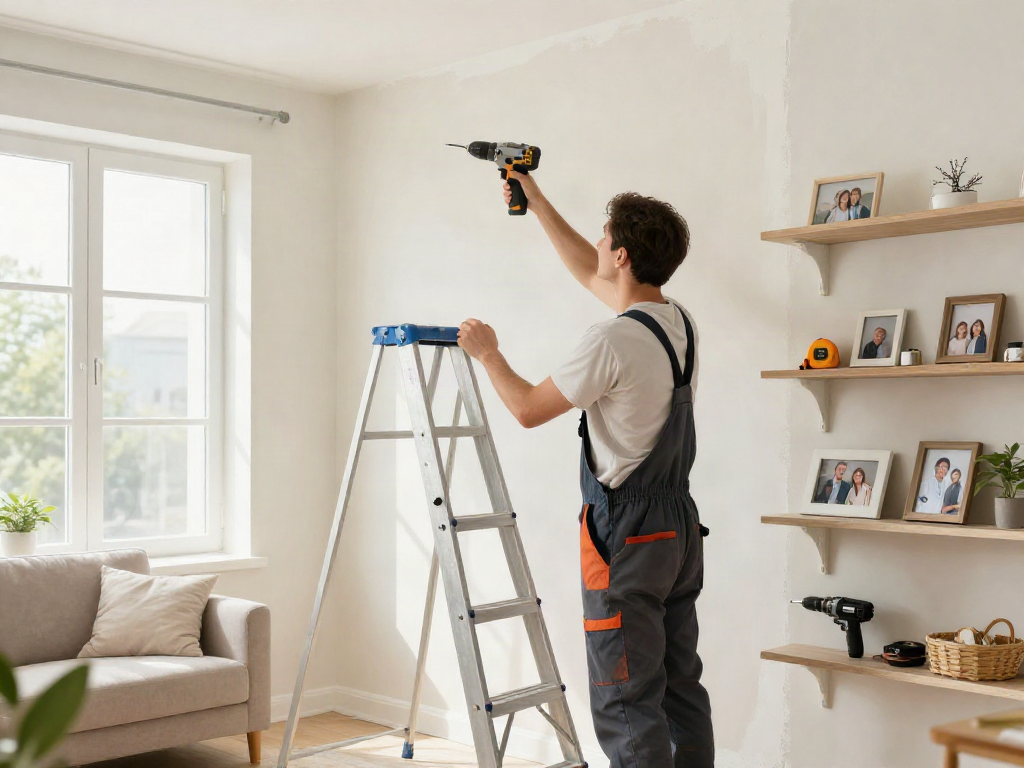Home repair services Des Moines Iowa showing contractor repairing drywall with tools in a sunny living room.