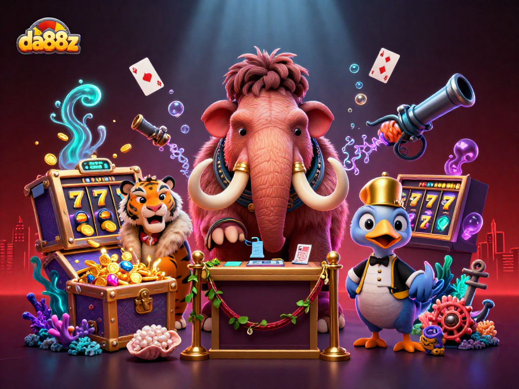 Spin the reels at da88z with a vibrant 3D cartoon scene featuring unique casino characters.