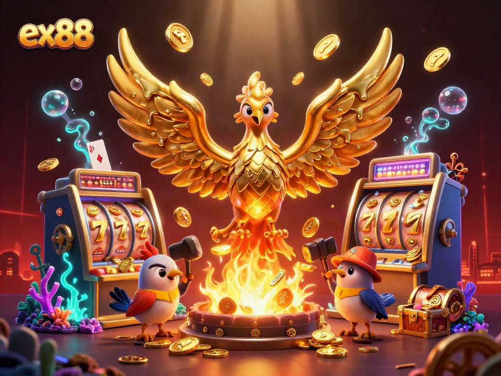Experience the thrill of ex88 with vibrant casino elements in this dynamic 3D illustration.