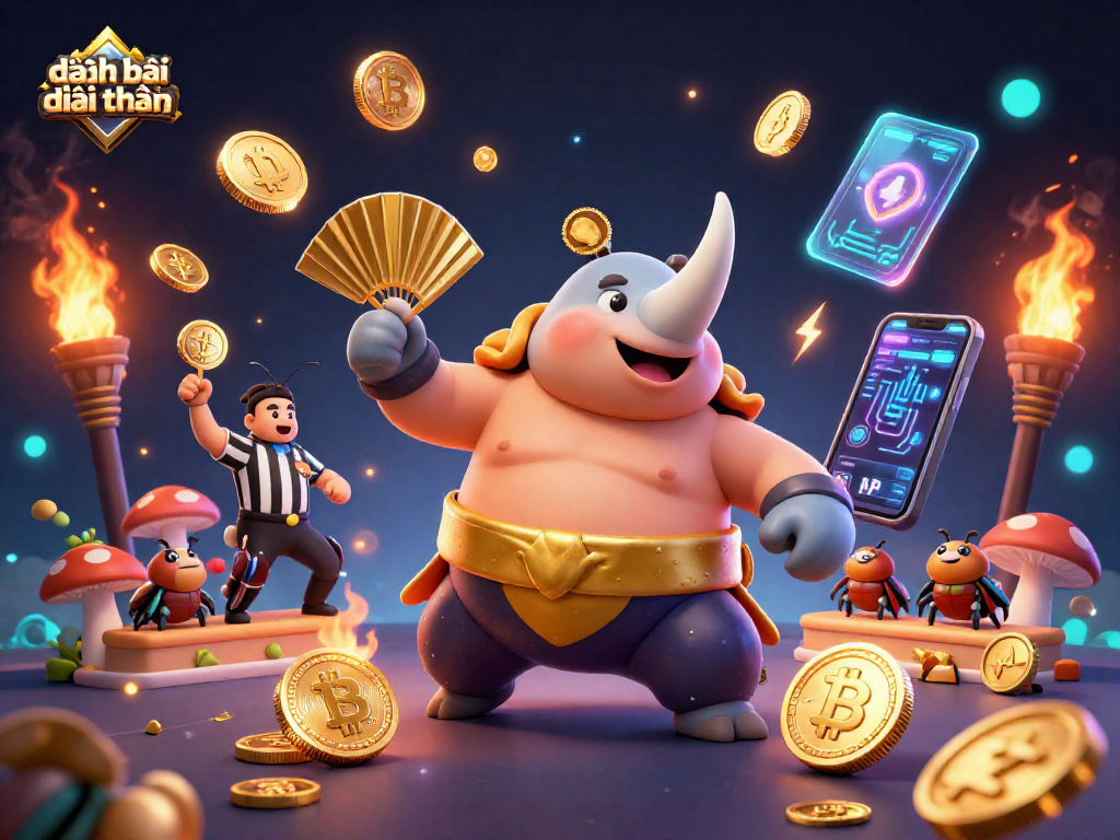 Engage in đánh bài đổi thưởng with our dynamic beetle-themed casino illustration featuring vibrant characters and crypto elements.