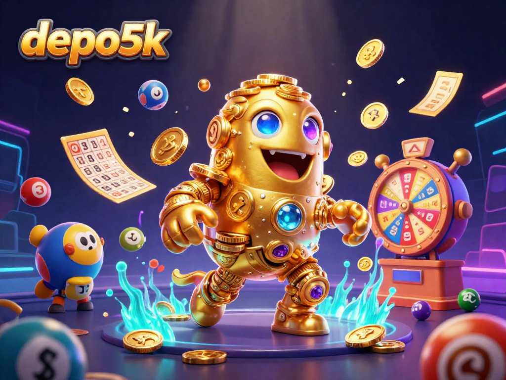 Engage with depo 5k excitement as a golden golem emerges surrounded by lottery elements in this vibrant casino scene.