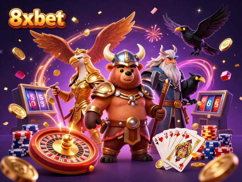 Experience thrilling gaming with 8x bet through a dynamic 3D illustration of characters and casino elements.