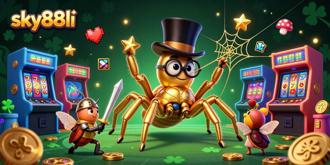 Immerse in gaming excitement with sky88li capturing a giant golden tarantula weaving a web among eccentric casino elements.