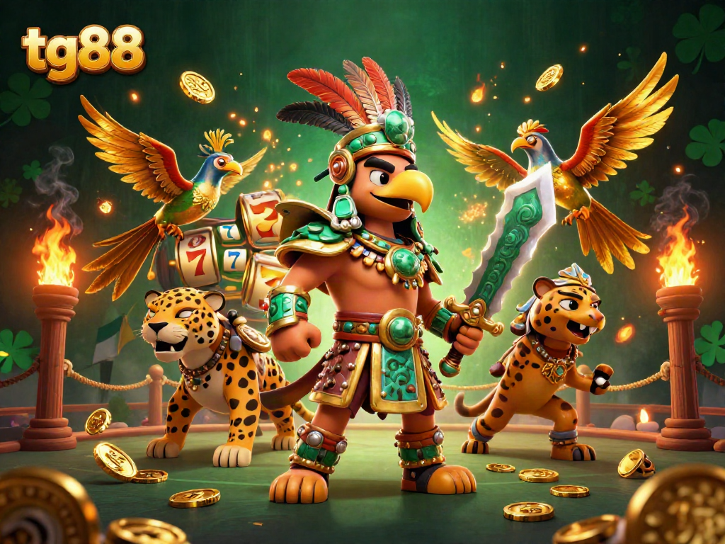 Spin the reels at tg88 with a vibrant Aztec warrior scene showcasing thrilling casino elements.