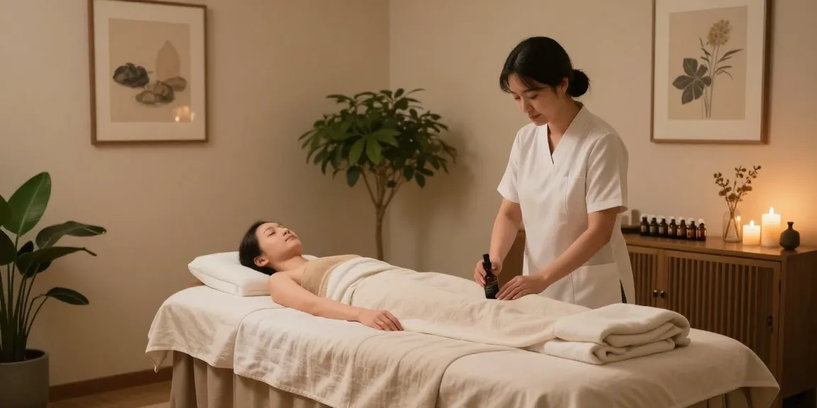 Relaxing 용산출장마사지 atmosphere with serene spa details and therapist preparing oils.