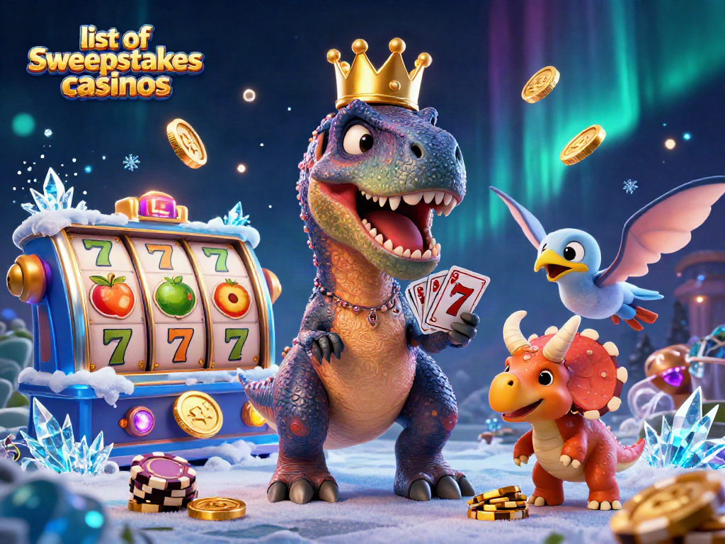 Engage with the list of sweepstakes casinos in this vibrant 3D illustration featuring a T-Rex and friends.