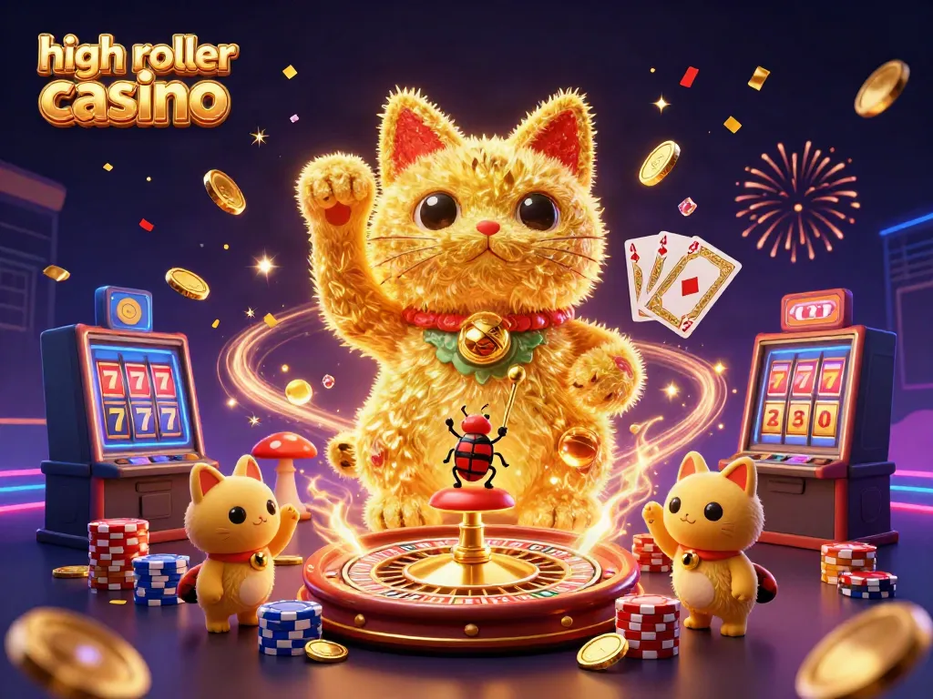Experience the excitement of a high roller casino with a vibrant scene featuring golden fireflies, lucky cat, and casino symbols.