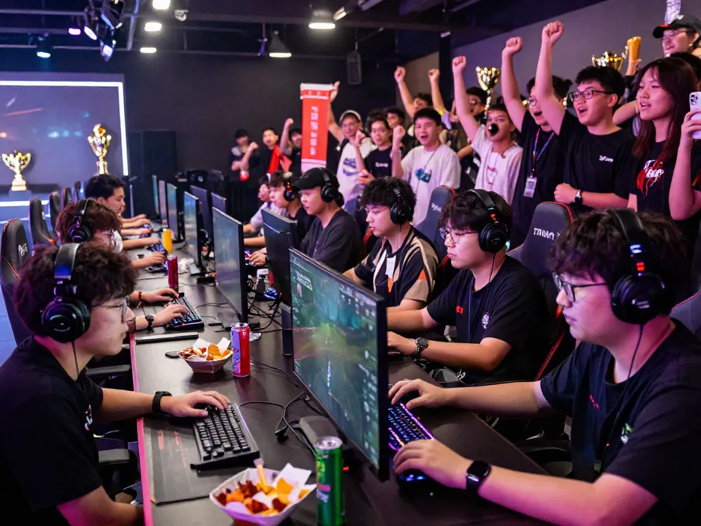 Gamers competing in 78win esports tournament with vibrant lighting.