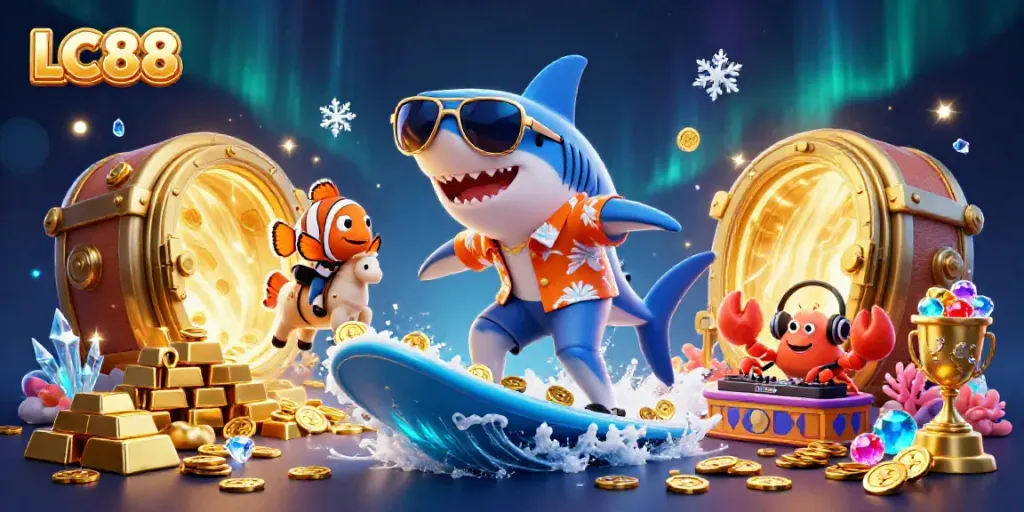 Experience the excitement of LC88 in this vibrant 3D casino-themed illustration.