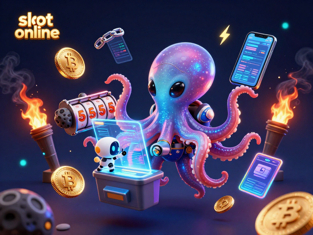 Slot online dengan alien dan robot di meja slot 3D yang menarik dengan simbol jackpot dan koin crypto.