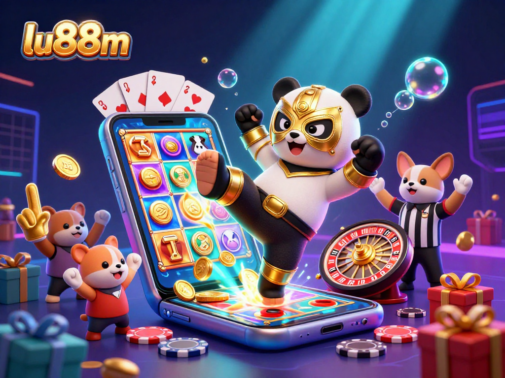 lu88m showcases a vibrant scene of a panda wrestler, a chihuahua referee, and excited crowd amid casino elements.