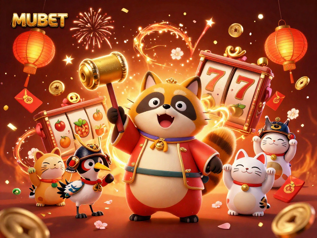 MUBET showcases an exciting scene with a cheerful tanuki, samurai crane, and fortune cats celebrating around spinning slot reels.