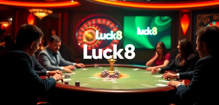 Experience thrilling gameplay at Luck8's casino with vibrant poker tables and roulette wheels.