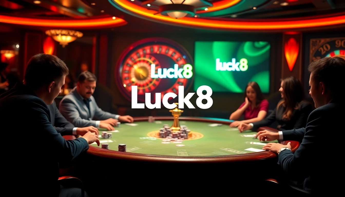 Experience thrilling gameplay at Luck8's casino with vibrant poker tables and roulette wheels.
