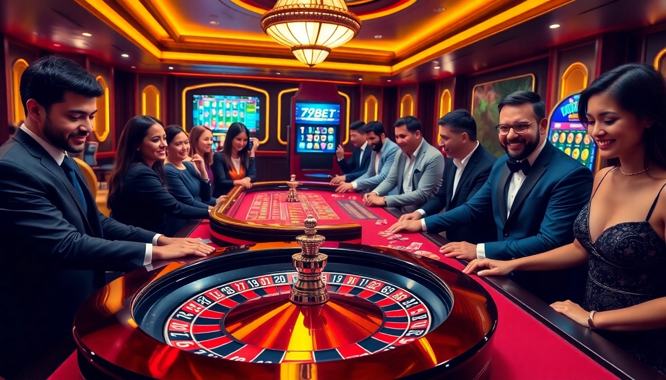 Exciting gaming scene at 789BET with players interacting at the roulette wheel.