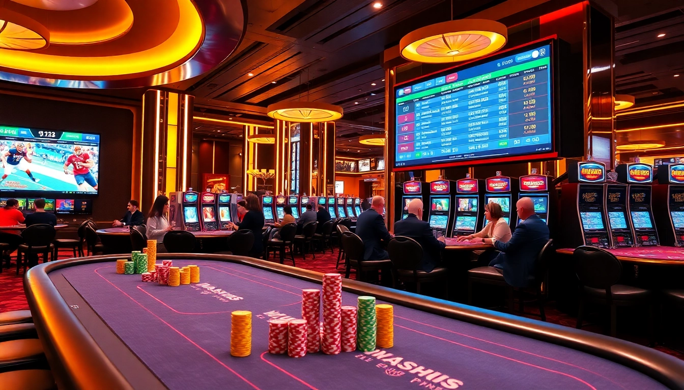 Betting on sports at fabet, showing vibrant casino tables and live sports scores.