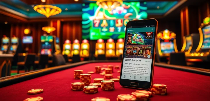 Engage in thrilling games with the app hb88, showcasing a vibrant casino environment filled with poker chips and slot machines.