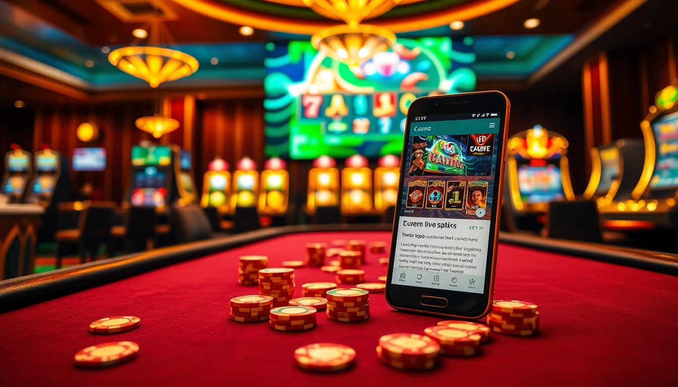 Engage in thrilling games with the app hb88, showcasing a vibrant casino environment filled with poker chips and slot machines.