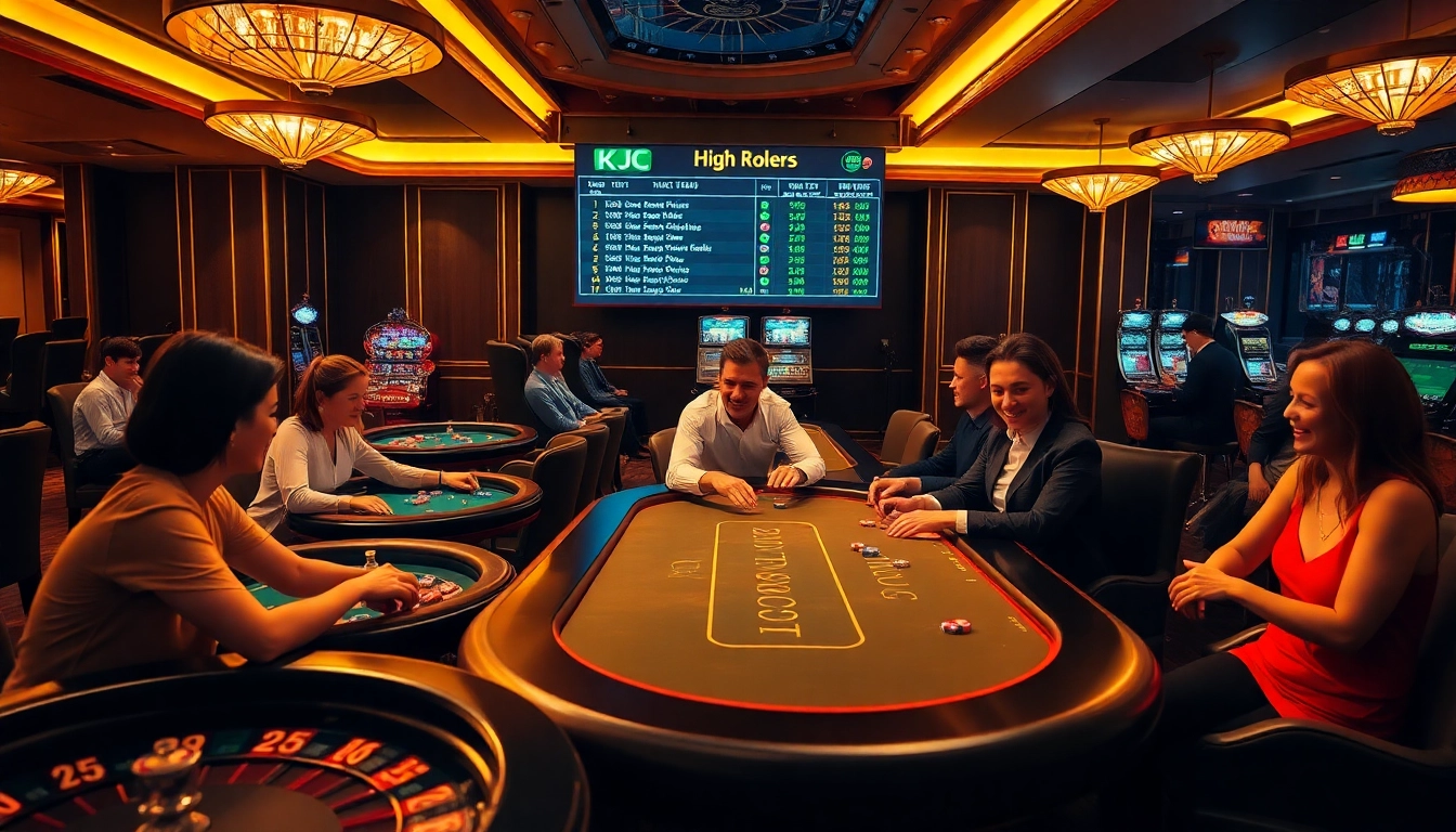 KJC players enjoying a thrilling poker game in a luxurious casino setting.