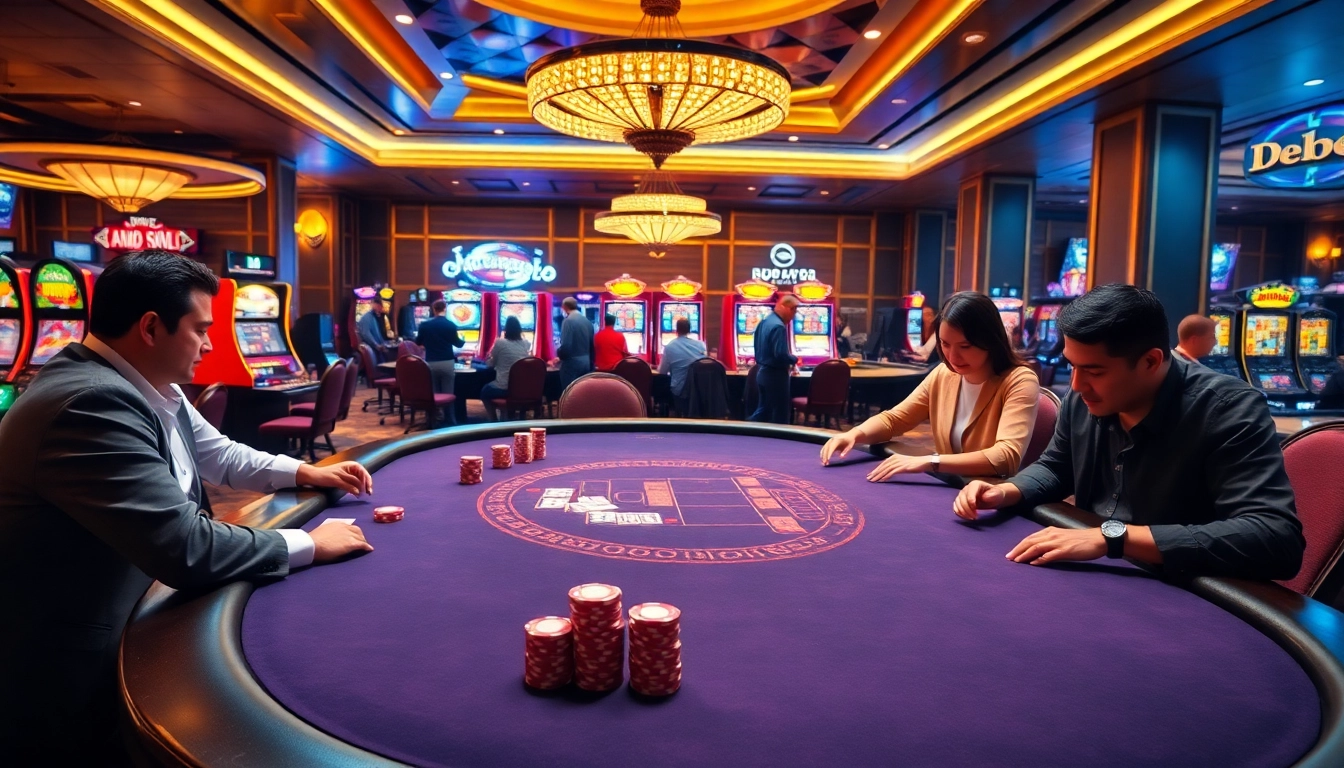 Players engaging at a poker table in a luxury casino setting, embracing the thrill of Debet88 gambling.