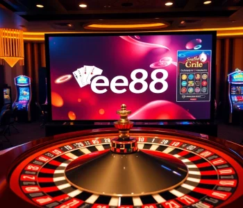 Experience the excitement of ee88 with a luxurious casino setting featuring poker cards and a roulette wheel.