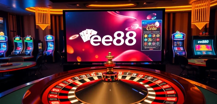 Experience the excitement of ee88 with a luxurious casino setting featuring poker cards and a roulette wheel.