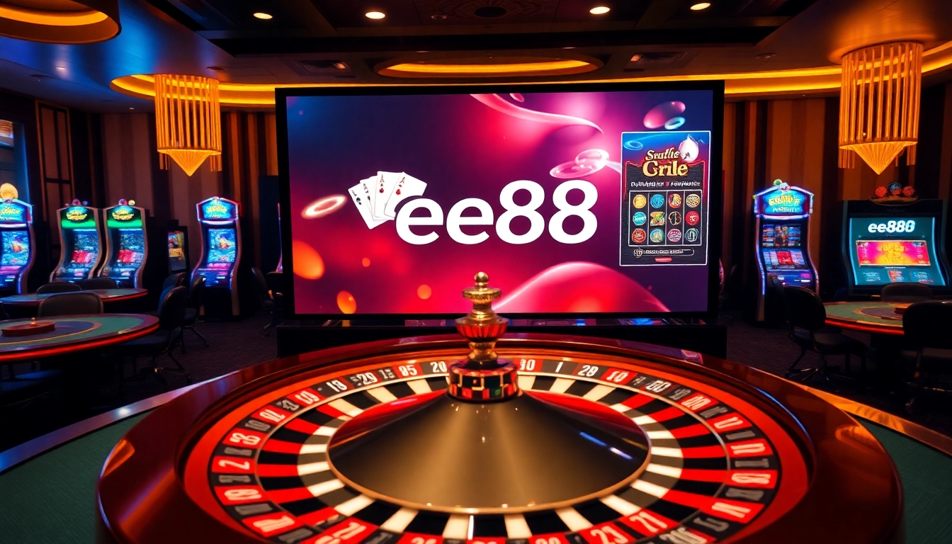 Experience the excitement of ee88 with a luxurious casino setting featuring poker cards and a roulette wheel.