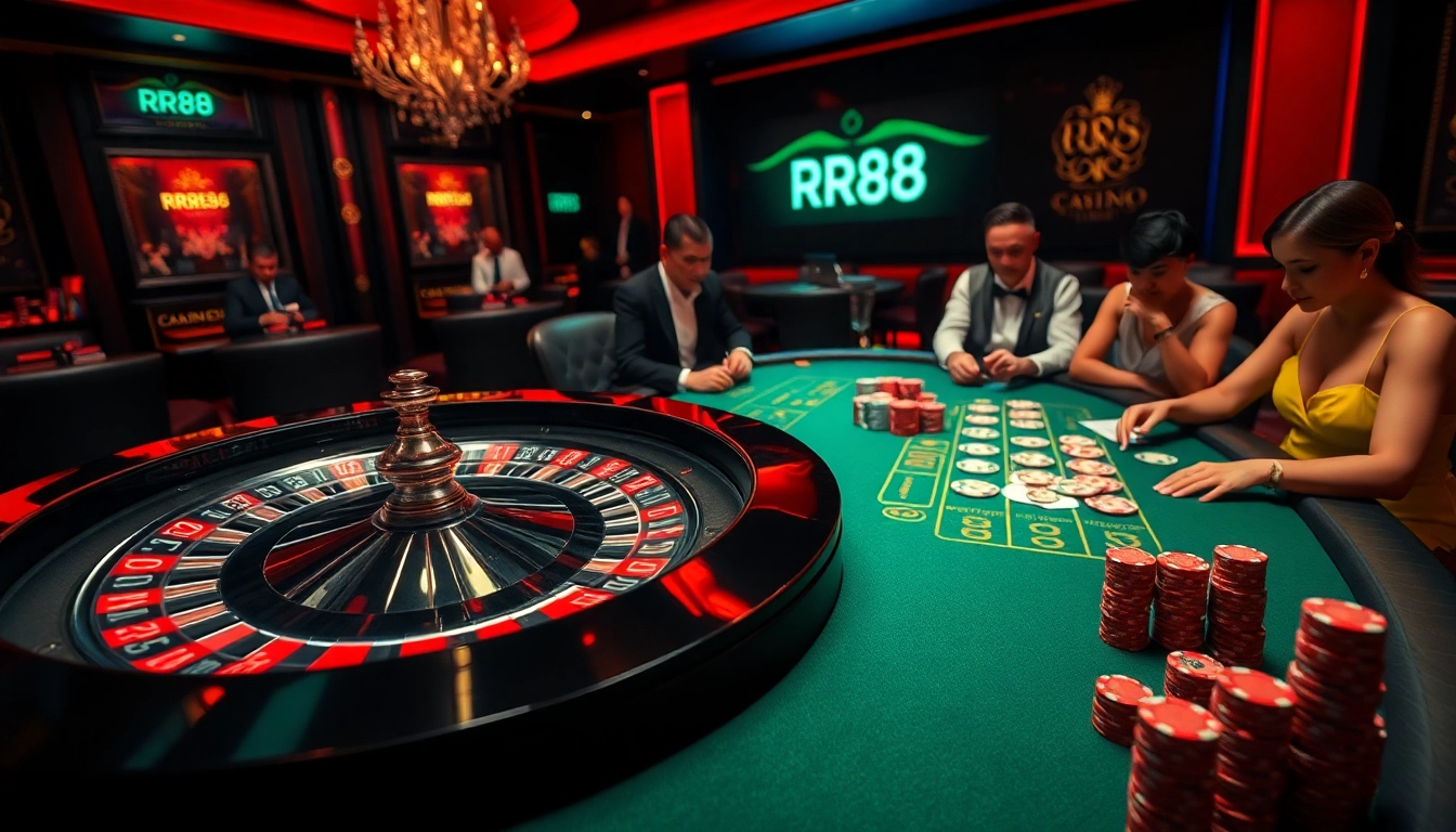 RR88 casino players engage at a vibrant poker table, showcasing excitement and strategy.