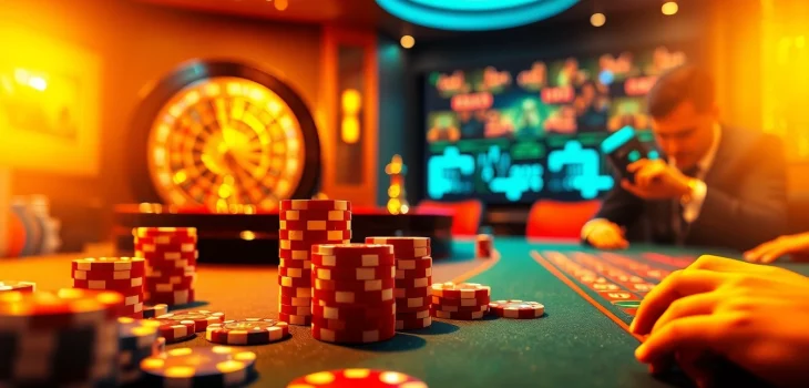 Experience thrilling moments at https://8xbetsports.com with vibrant casino games featuring poker chips and a roulette wheel.