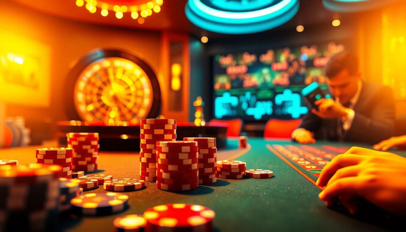Experience thrilling moments at https://8xbetsports.com with vibrant casino games featuring poker chips and a roulette wheel.