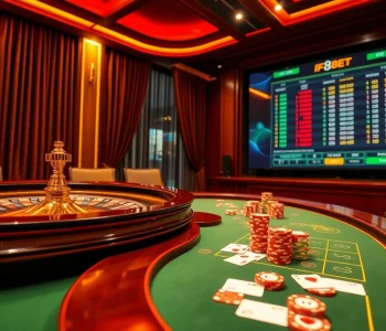 Engage with F8BET's premium gambling experience featuring a roulette wheel and poker table.
