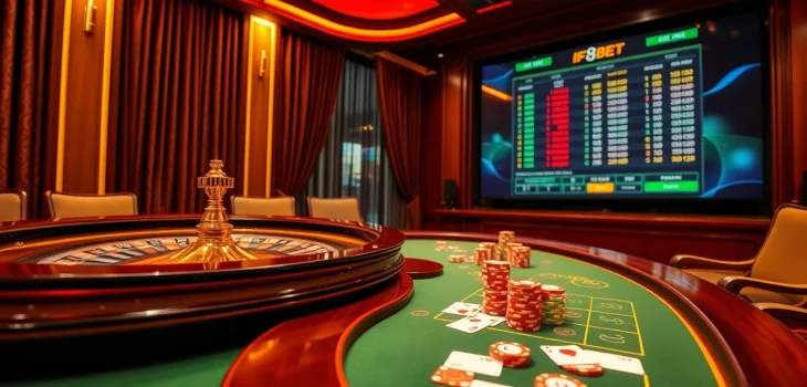 Engage with F8BET's premium gambling experience featuring a roulette wheel and poker table.