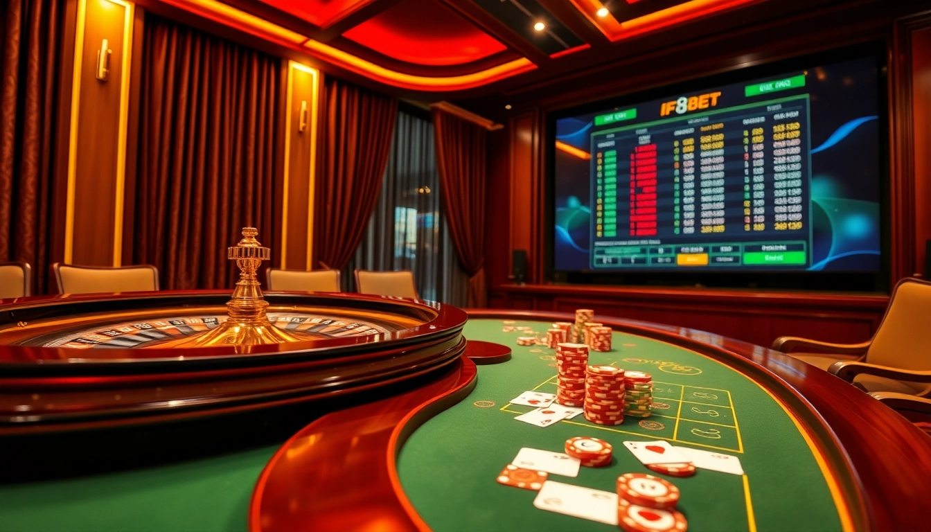 Engage with F8BET's premium gambling experience featuring a roulette wheel and poker table.